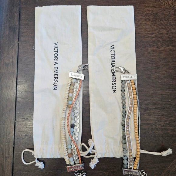 Victoria Emerson Jewelry - Victoria Emerson Multi-Strand Boho Wrap Bracelets Lot of 2 Stone Wood Leather